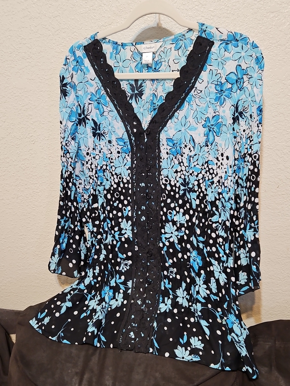 CJ Banks Black and Blue Floral Lace-Trim Tunic